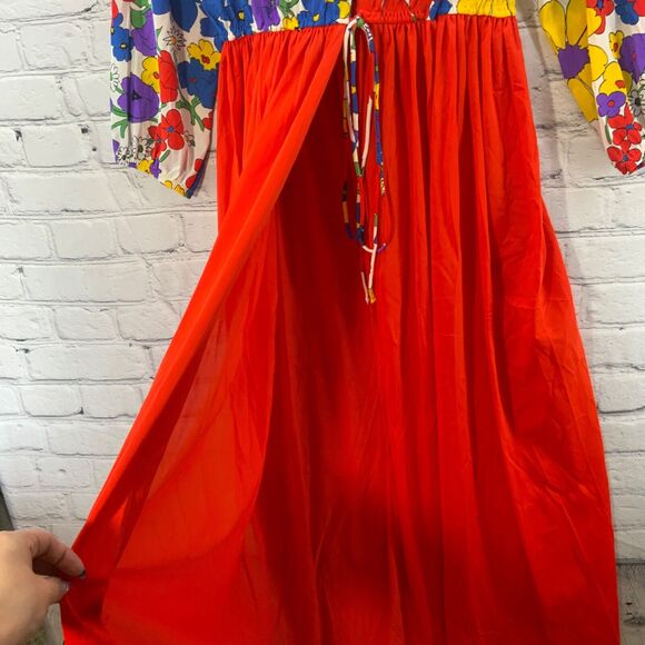 Vintage 70’s Psychedelic Bright Floral Print Sheer House Lounge Dress Groovy Mod - Picture 3 of 11